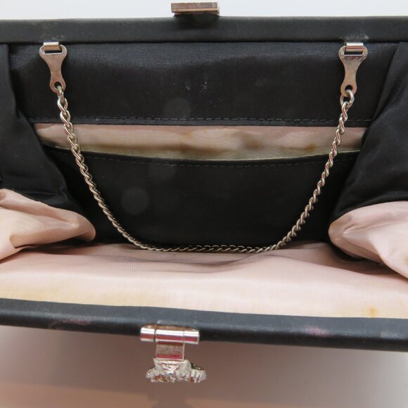 Vintage Handheld Clutch Chain Strap Black Satin Purse Bag Frame Evening Silver - Picture 11 of 12